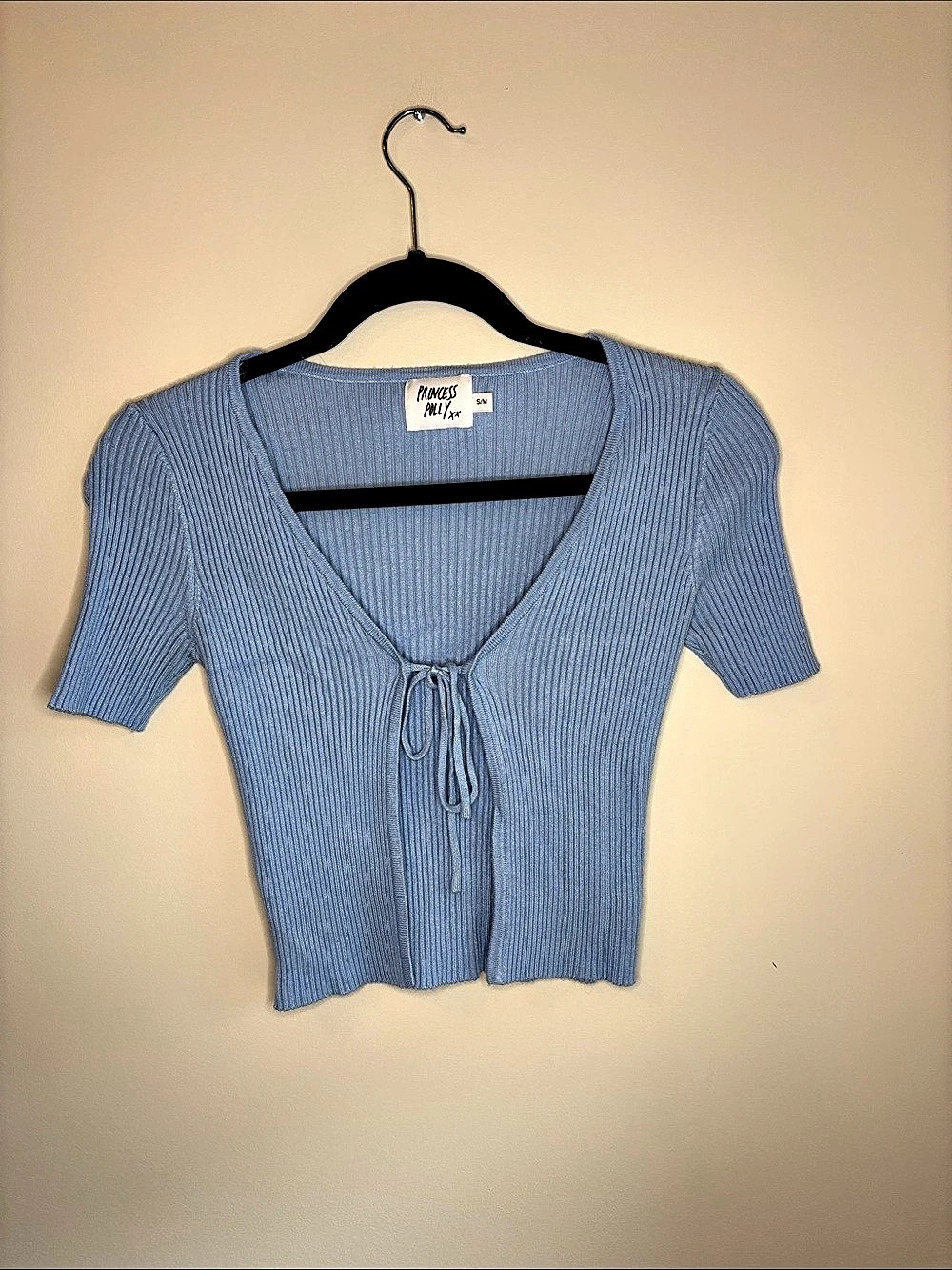 Princess Polly Oakland Top Blue Ribbed Tie Front Blue Small/Medium